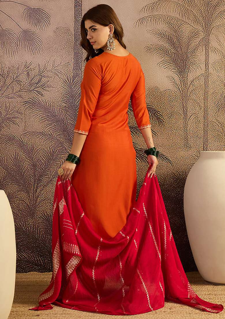 Orange Zari Sequence Thread Embroidered Chinon Kurta Set - Indya