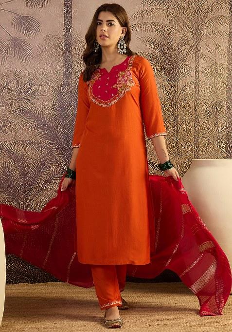 Orange Zari Sequence Thread Embroidered Chinon Kurta Set