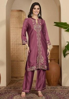 Mauve Zari Sequence Thread Embroidered Silk Kurta Pant Set