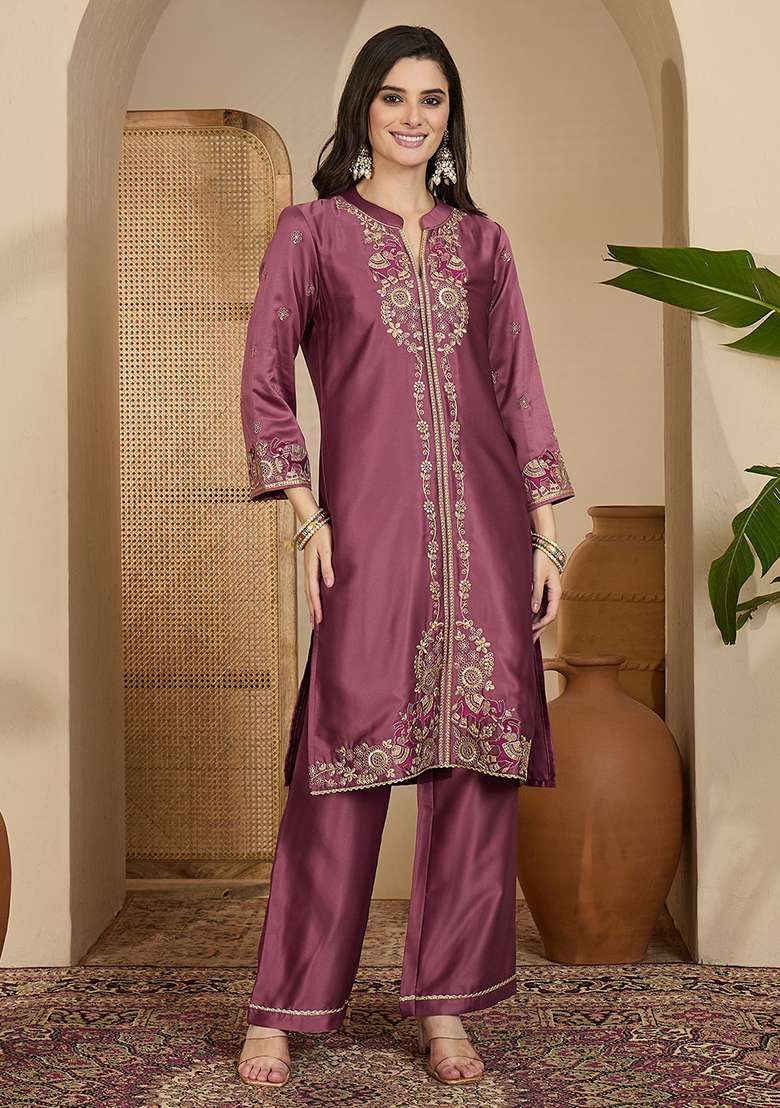 Mauve Zari Sequence Thread Embroidered Silk Kurta Pant Set - Indya