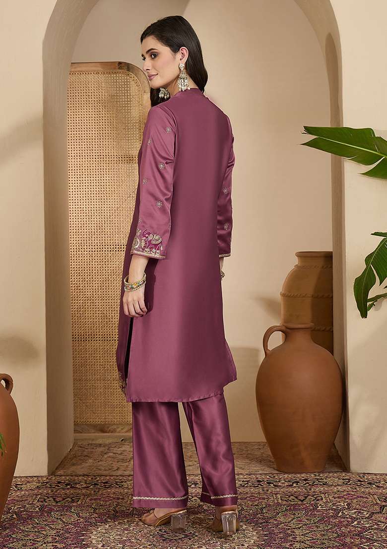 Mauve Zari Sequence Thread Embroidered Silk Kurta Pant Set - Indya