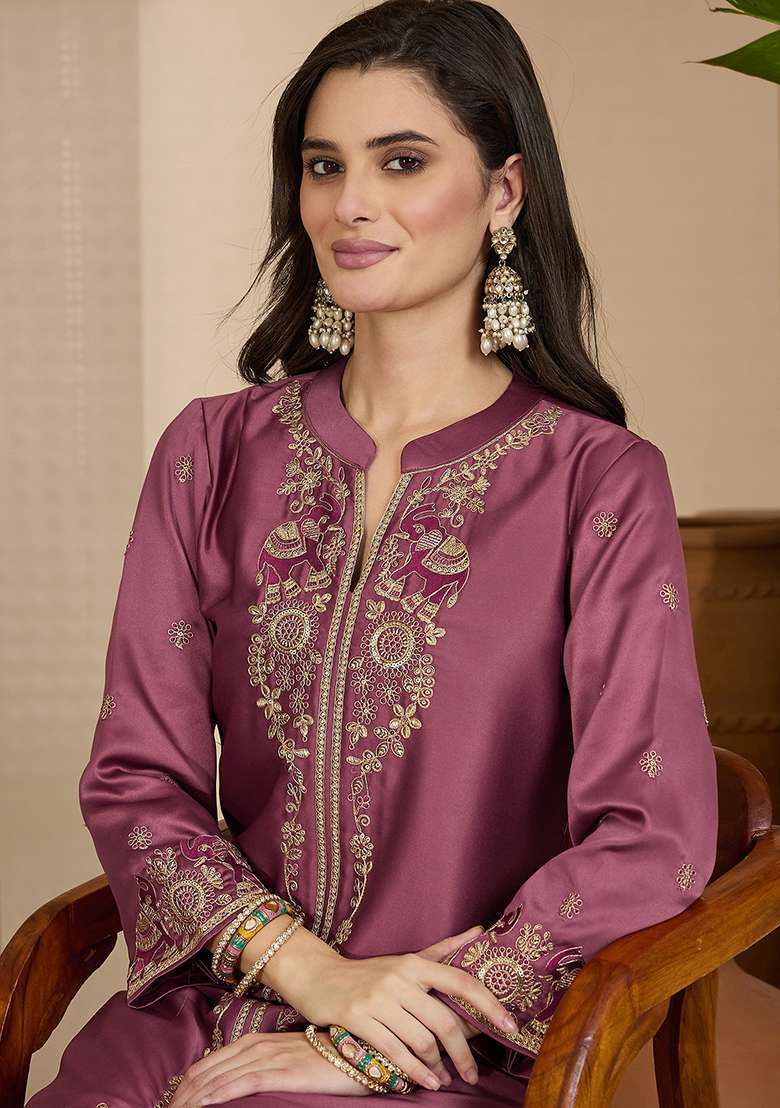 Mauve Zari Sequence Thread Embroidered Silk Kurta Pant Set - Indya