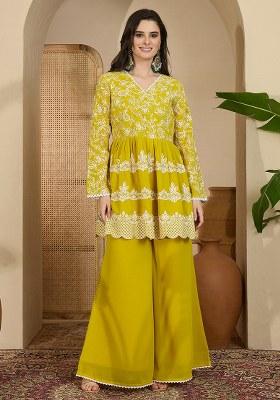 Yellow Chain Embroidered Georgette Kurta Pant Set