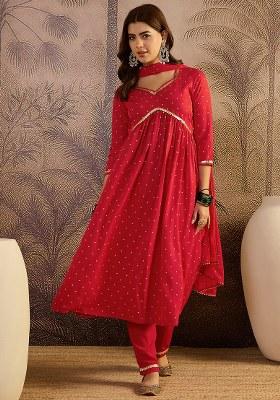 Red Printed Crepe Kurta Set