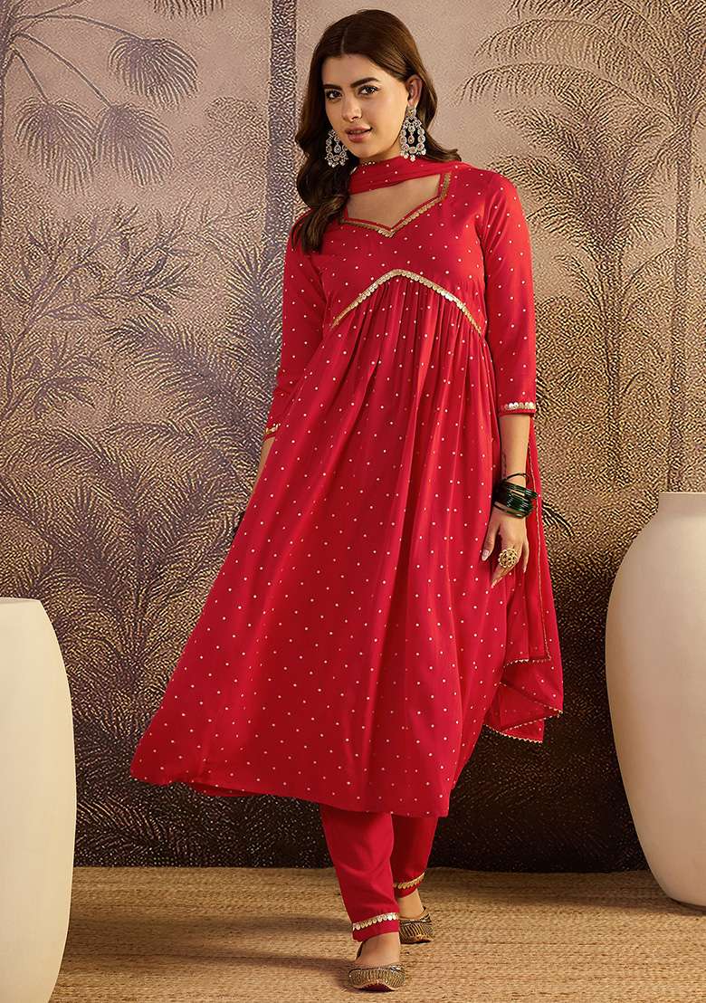 Red Printed Crepe Kurta Set - Indya