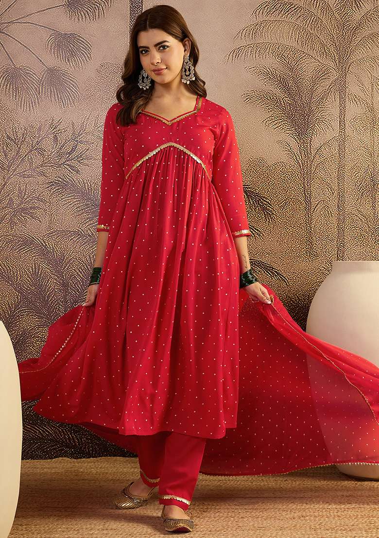 Red Printed Crepe Kurta Set - Indya