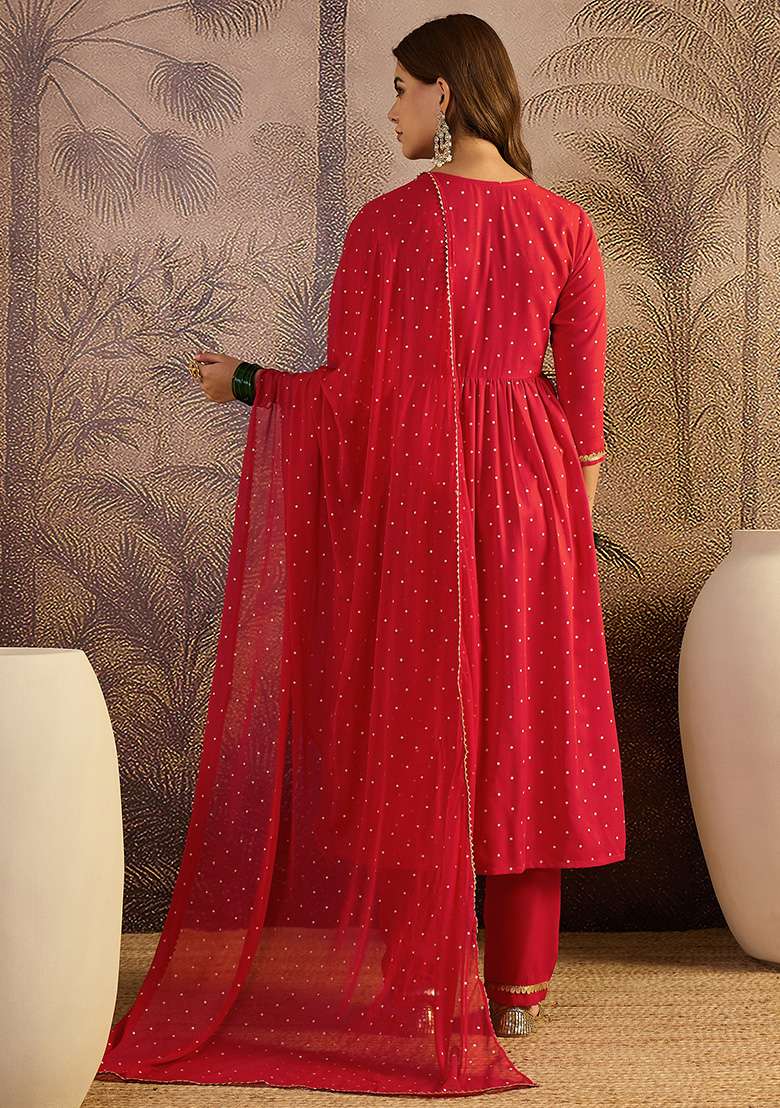 Red Printed Crepe Kurta Set - Indya
