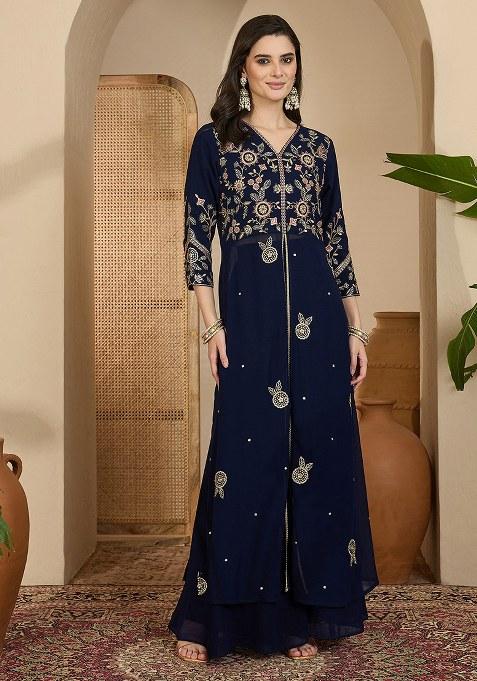 Navy Blue Zari Sequence Thread Embroidered Georgette Kurta Pant Set