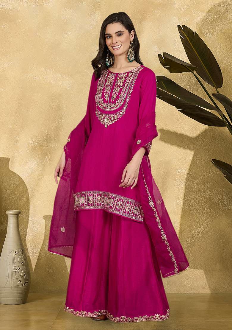 Rani Pink Zari Sequnence Thread Cording Embroidered Vichitra Kurta Set - Indya