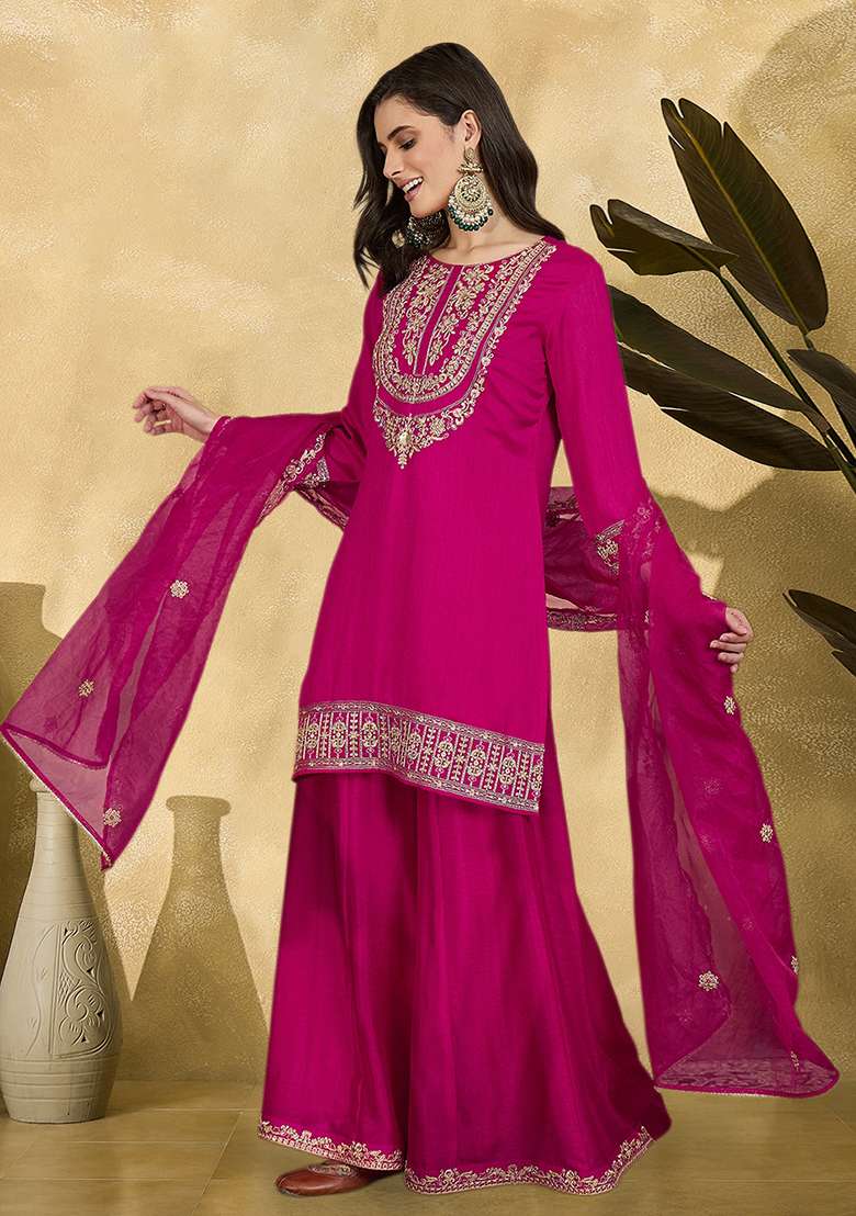 Rani Pink Zari Sequnence Thread Cording Embroidered Vichitra Kurta Set - Indya