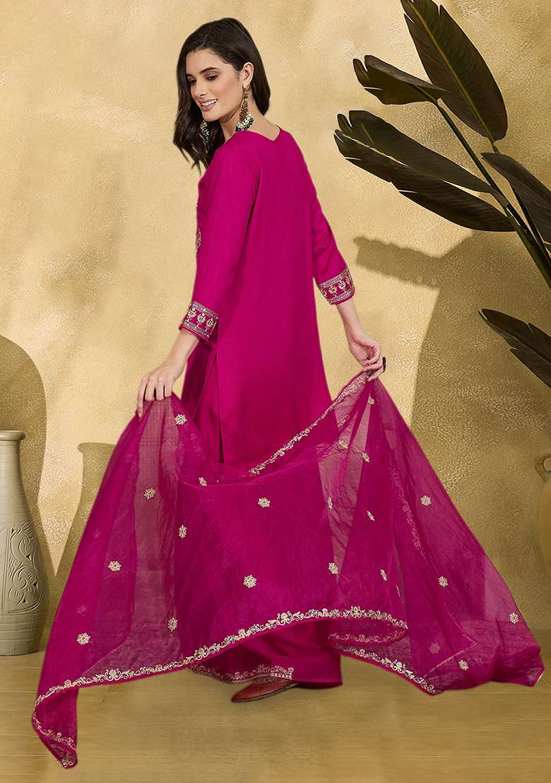 Rani Pink Zari Sequnence Thread Cording Embroidered Vichitra Kurta Set - Indya