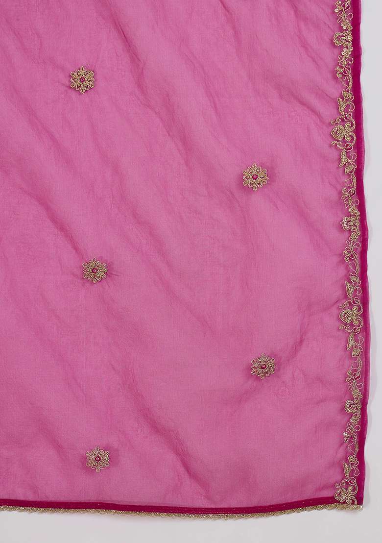Rani Pink Zari Sequnence Thread Cording Embroidered Vichitra Kurta Set - Indya