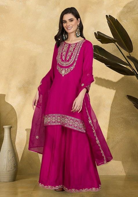 Rani Pink Zari Sequnence Thread Cording Embroidered Vichitra Kurta Set