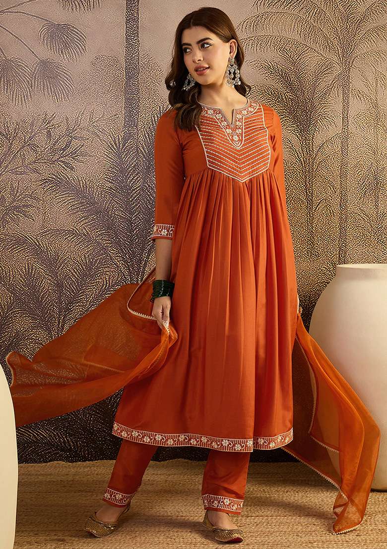 Orange Sequence Thread Embroidered Silk Kurta Set - Indya