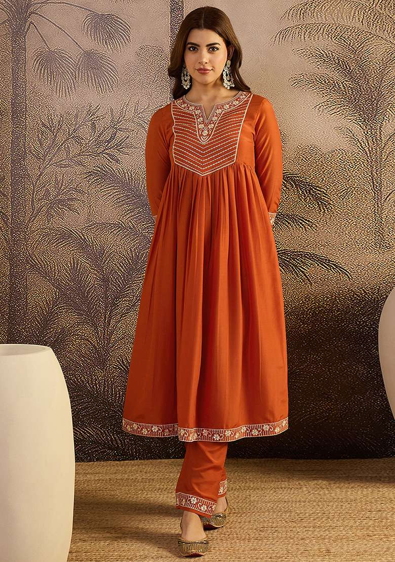 Orange Sequence Thread Embroidered Silk Kurta Set - Indya