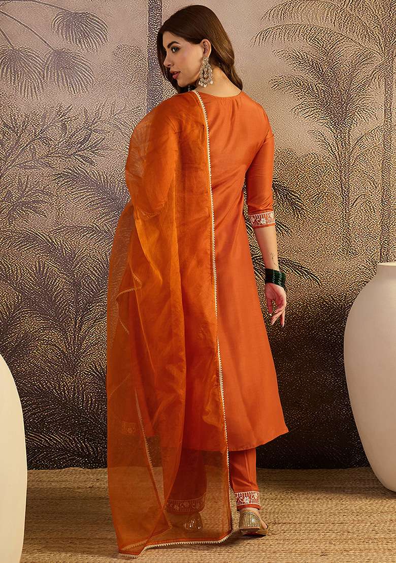 Orange Sequence Thread Embroidered Silk Kurta Set - Indya