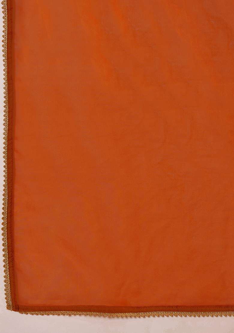 Orange Sequence Thread Embroidered Silk Kurta Set - Indya