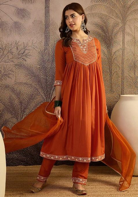 Orange Sequence Thread Embroidered Silk Kurta Set