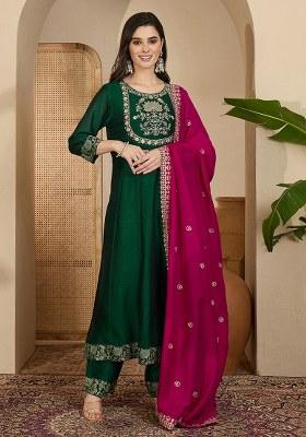 Green Printed Vichitra Kurta Set