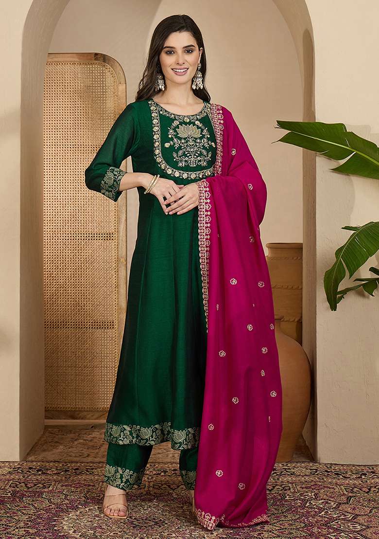 Green Printed Vichitra Kurta Set - Indya
