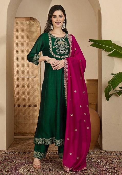 Green Printed Vichitra Kurta Set