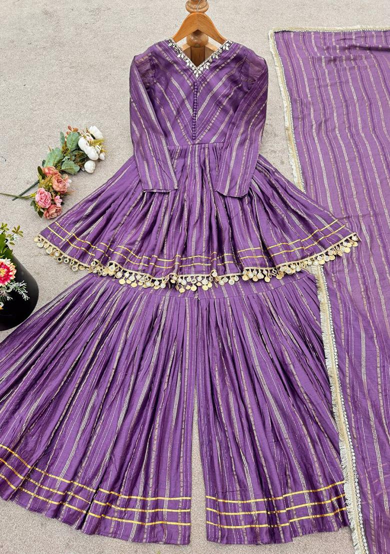 Lavender Embroidered Mal Chanderi Kurta Set - Indya