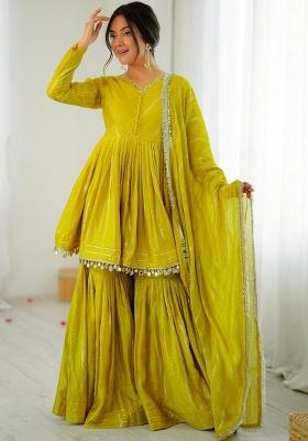 Yellow Embroidered Mal Chanderi Kurta Set