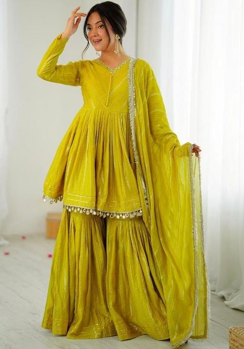 Yellow Embroidered Mal Chanderi Kurta Set