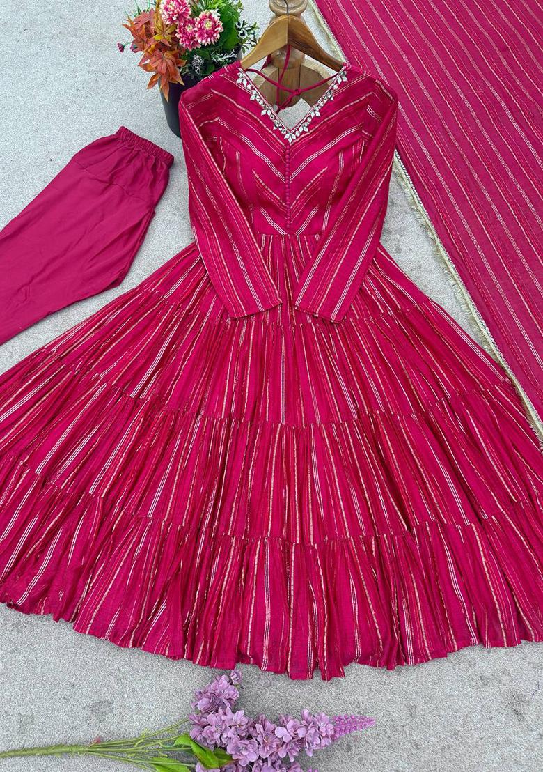 Ranipink Mirror Work Mal Chanderi Kurta Set - Indya