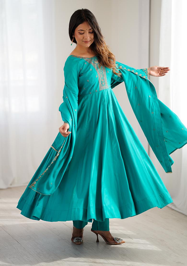 Rama Beads Work Silk Kurta Set - Indya