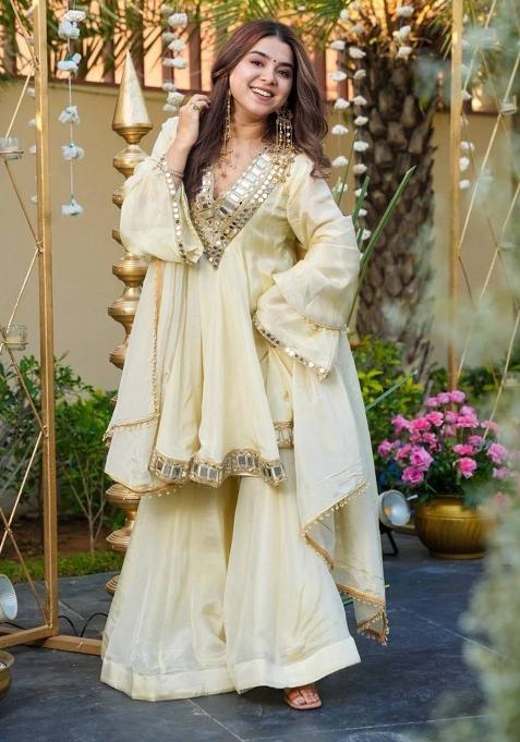 Ivory Mirror Work Silk Sharara