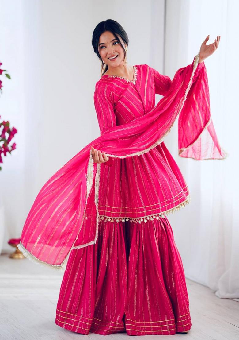 Pink Mirror Work Mal Chanderi Sharara - Indya