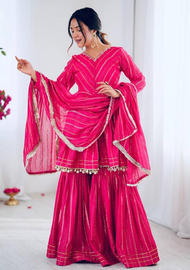 Pink Mirror Work Mal Chanderi Sharara - Indya