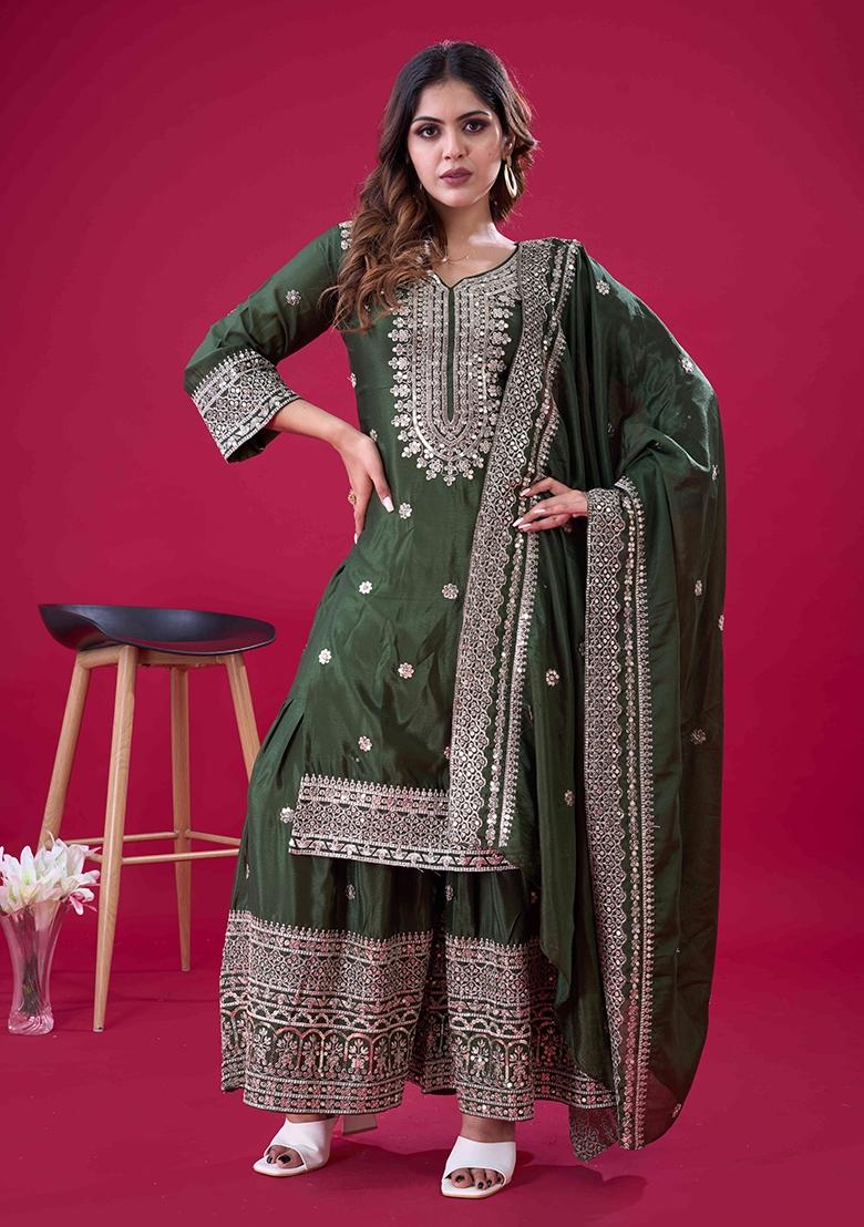 Green Embroidery Silk Sharara - Indya