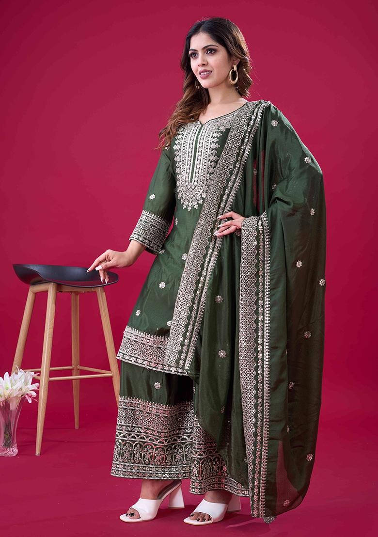 Green Embroidery Silk Sharara - Indya