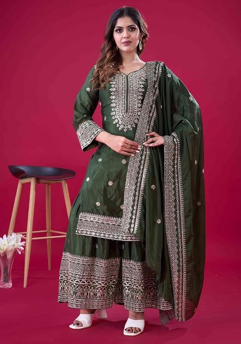 Green Embroidery Silk Sharara