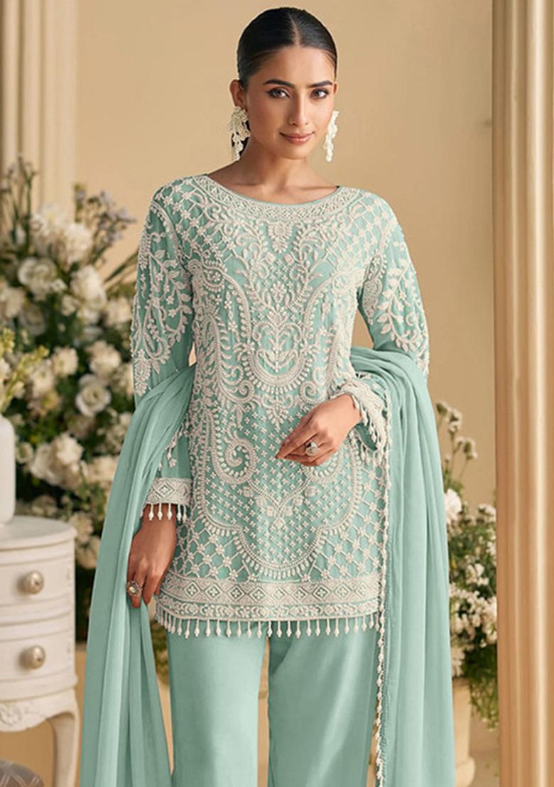 Green Embroidered Silk Salwar Suit - Indya