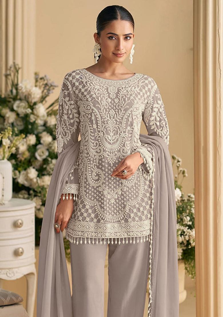 Violet Embroidered Silk Salwar Suit - Indya