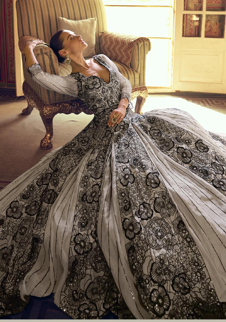 Light Grey Embroidered Viscose Kurta - Indya