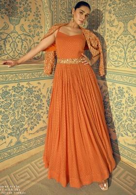 Orange Embroidered Viscose Kurta