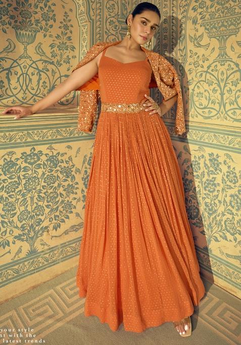 Orange Embroidered Viscose Kurta