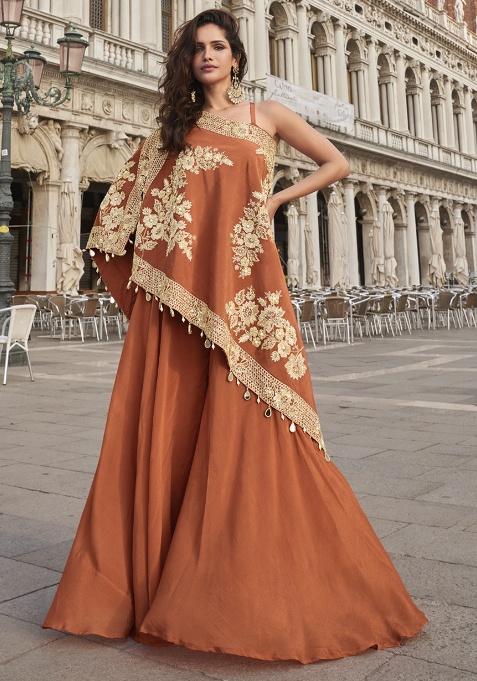 Orange Embroidered Crepe Salwar Suit