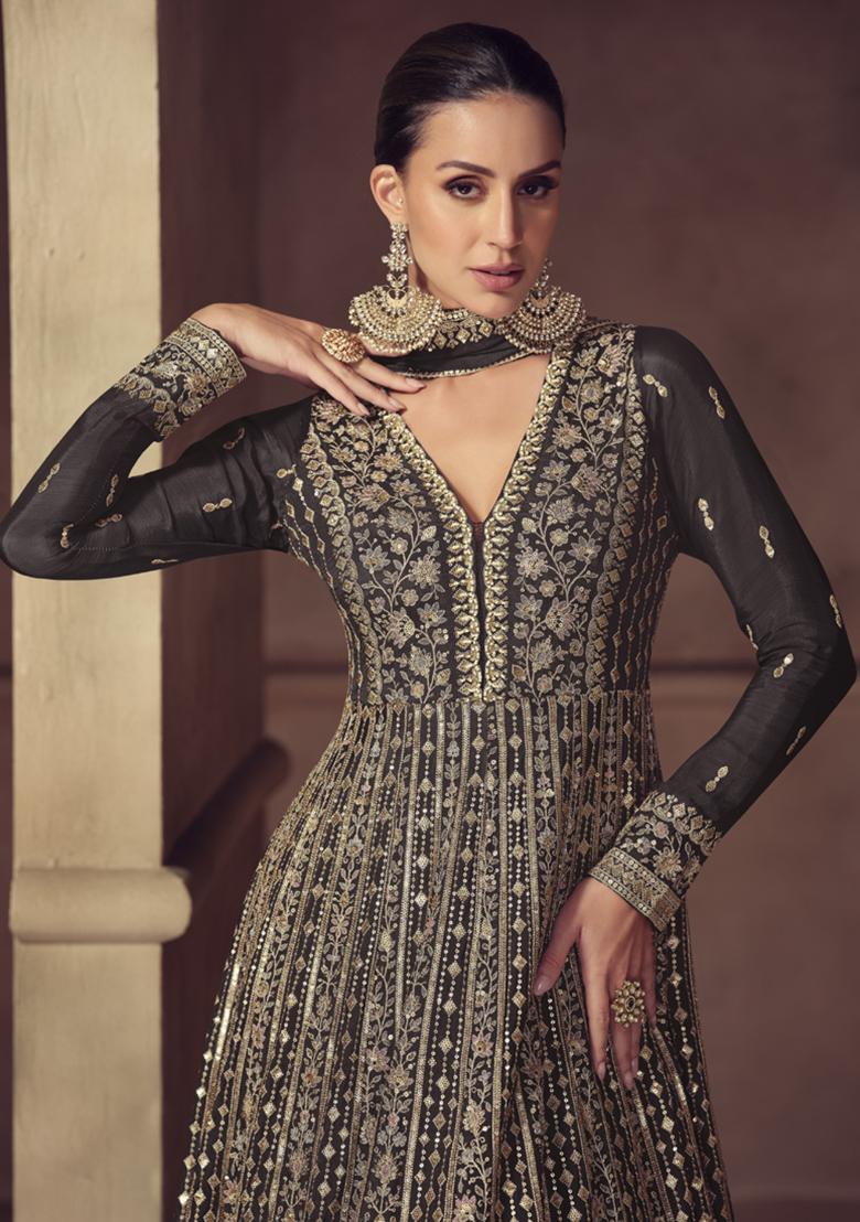 Brown Embroidered Silk Salwar Suit - Indya