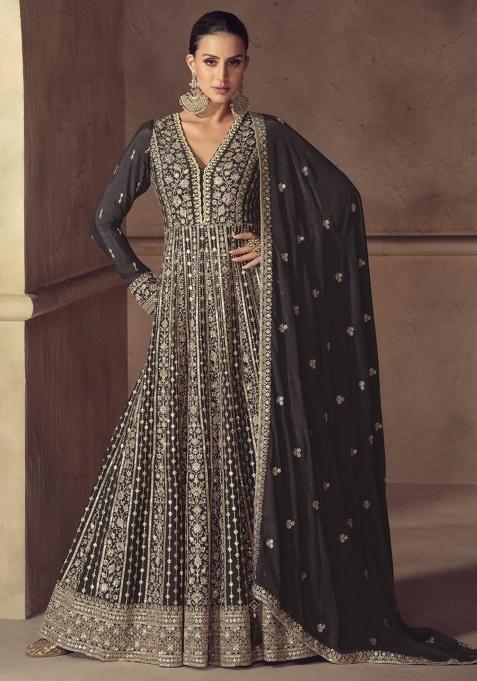 Brown Embroidered Silk Salwar Suit