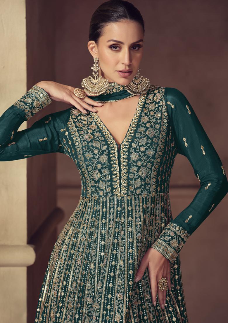 Green Embroidered Silk Salwar Suit - Indya