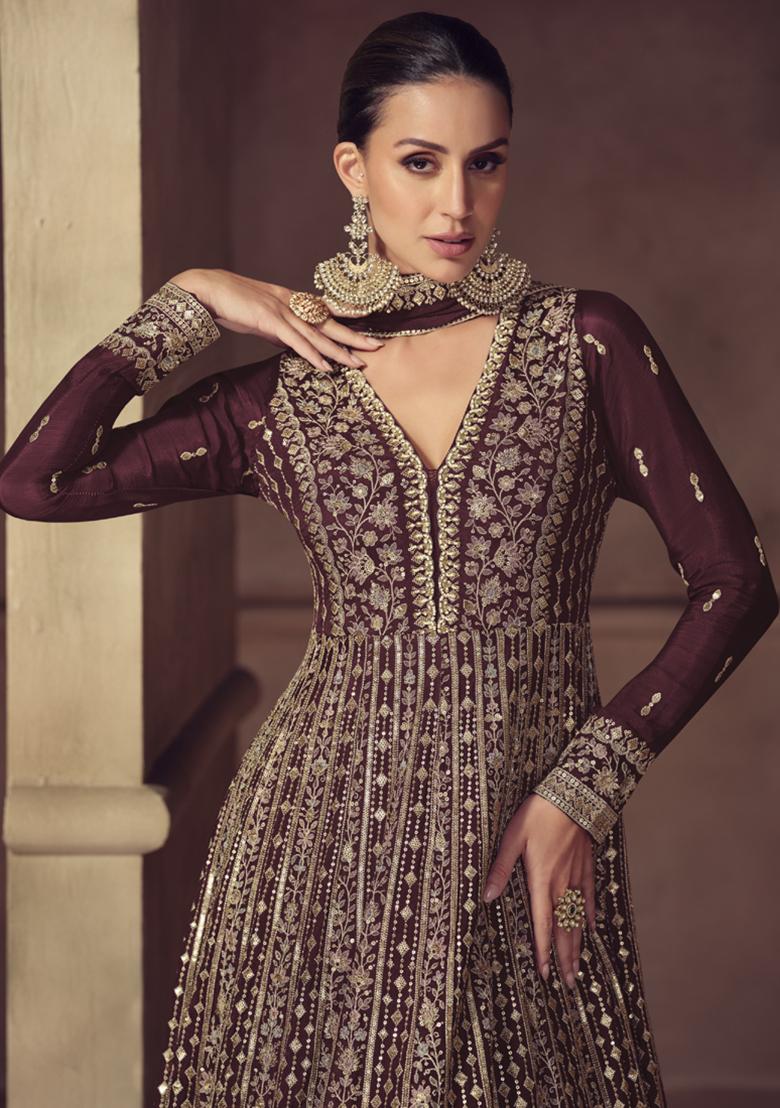 Wine Embroidered Silk Salwar Suit - Indya