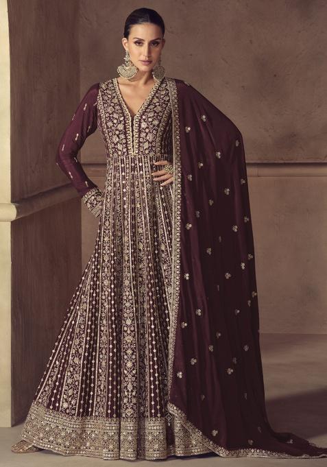 Wine Embroidered Silk Salwar Suit