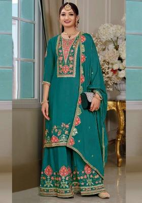 Green Embroidered Silk Salwar Suit