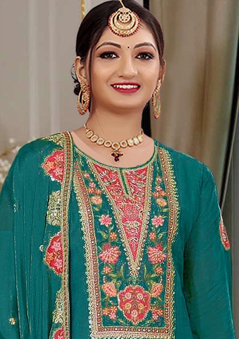 Green Embroidered Silk Salwar Suit - Indya