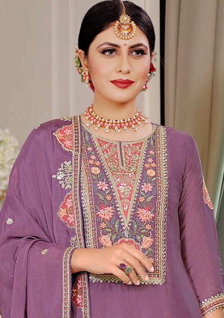 Onion Pink Embroidered Silk Salwar Suit - Indya